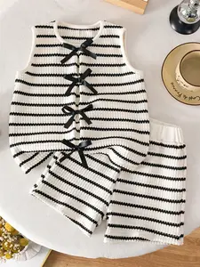 Girls' Fashion Set, Simple Striped Bow Decor Round Neck Sleeveless Casual Top, Stripe Shorts Toddler, Kids Clothing, Special Gift Set