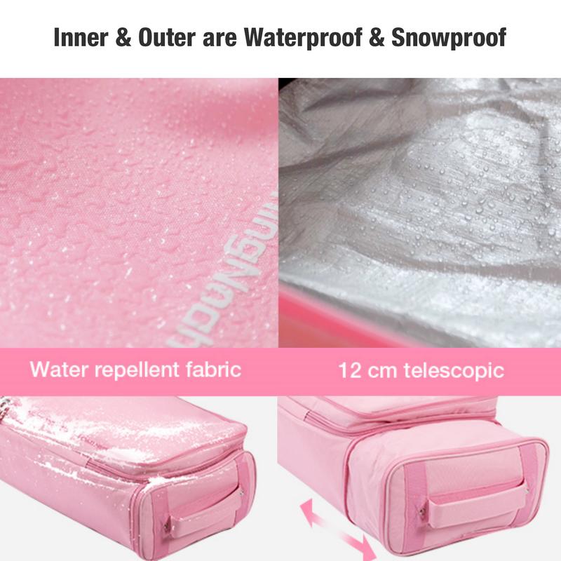 Rolling Ski Bags with Wheel, 155cm-175cm Padded Waterproof Snowboard Bag for Air Travel, Fits Single Ski & Skis with 3 Separation Storage, Unisex Adjustable Length, Pink