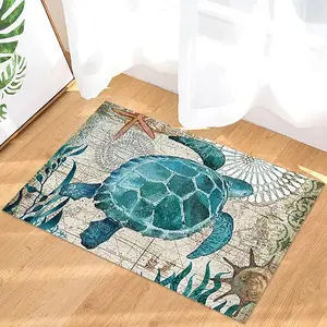 Coastal Blue Sea Turtle Nautical Map Doormat Welcome Mats Rugs Carpet