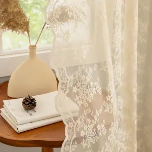 Beige Sheer Curtains 84 inches Long Vintage Lace curtains for Living Room Bedroom Light Filtering Retro Floral Pattern Curtains Grandma Core Decor Pair W52 X L84 Light Beige