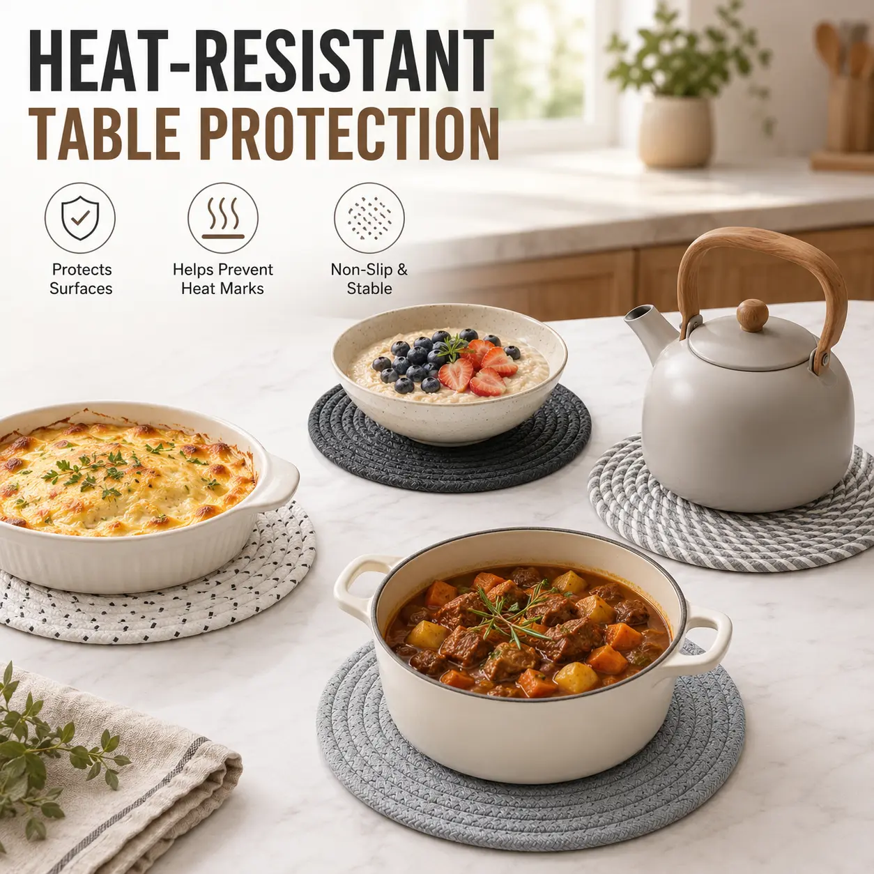 4 Pack Round Woven Trivets, 7 Inch Heat Resistant Hot Pads for Pots, Pans and Dishes, Braided Table Protectors for Kitchen Countertops and Dining Tables