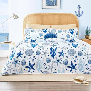 Cal  Size Quilt Bedding Set Coastal White Bedspreads- Summer Beach Nautical Quilt Lightweight Bedspread- Reversible Bedding Coverlet for All Season - 3 count (1 Quilt, 2 Pillow Shams)