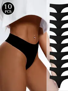 10 Pcs Seamless Women's Thong Panties Colors, Soft Comfortable Nylon Blend Underwear, Low Waist Elastic Fit