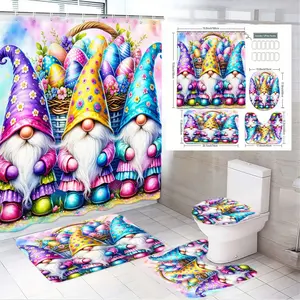 4pcs Whimsical Gnome-Themed Bathroom Set, Colorful Shower Curtain, Rugs & Toilet Cover, Cheerful Gnomes with Floral Hats, The floor mat fabric is thicker and softer! Perfect for Holiday Decor