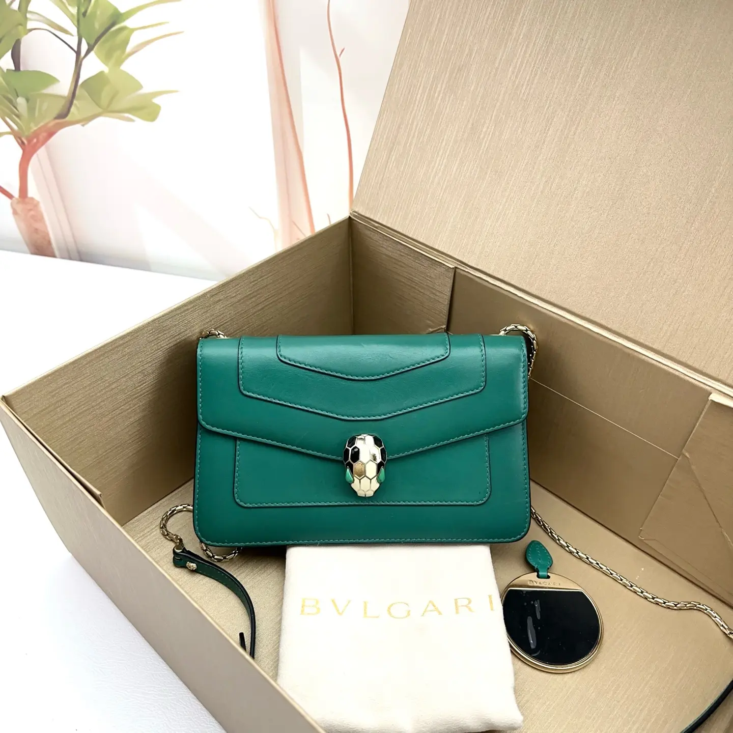 Pre-owned Bvlgari Green Leather Serpenti Forever Flap Chain Bag 0728luna 18286997