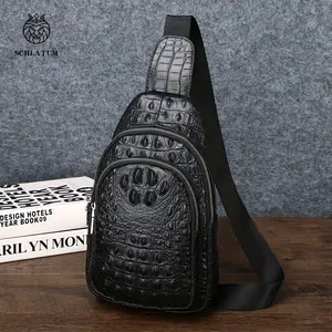 [Genuine Leather Sling Bag] SCHLATUM Genuine Leather Crocodile Pattern Sling Bag - Large-Capacity, Black, Multifunctional Crossbody Backpack for Travel, Sports & Camping, Stylish Zipper Closure Design