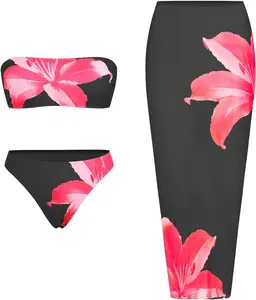 Womens 3pcs Bikini Swimsuits Bandeau 3 Piece Swimwear High Cut Bikini Sets with Long Sheer Coverup Dress