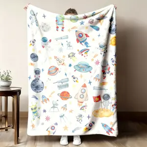 2026 New Arrivals 1pc Space-Themed Flannel Fleece Blanket - Soft Cozy And Colorful Planets Rockets And Galaxy Design - Perfect for Girls And All-Season Home Or Travel Use - Lightweight Durable And Versatile