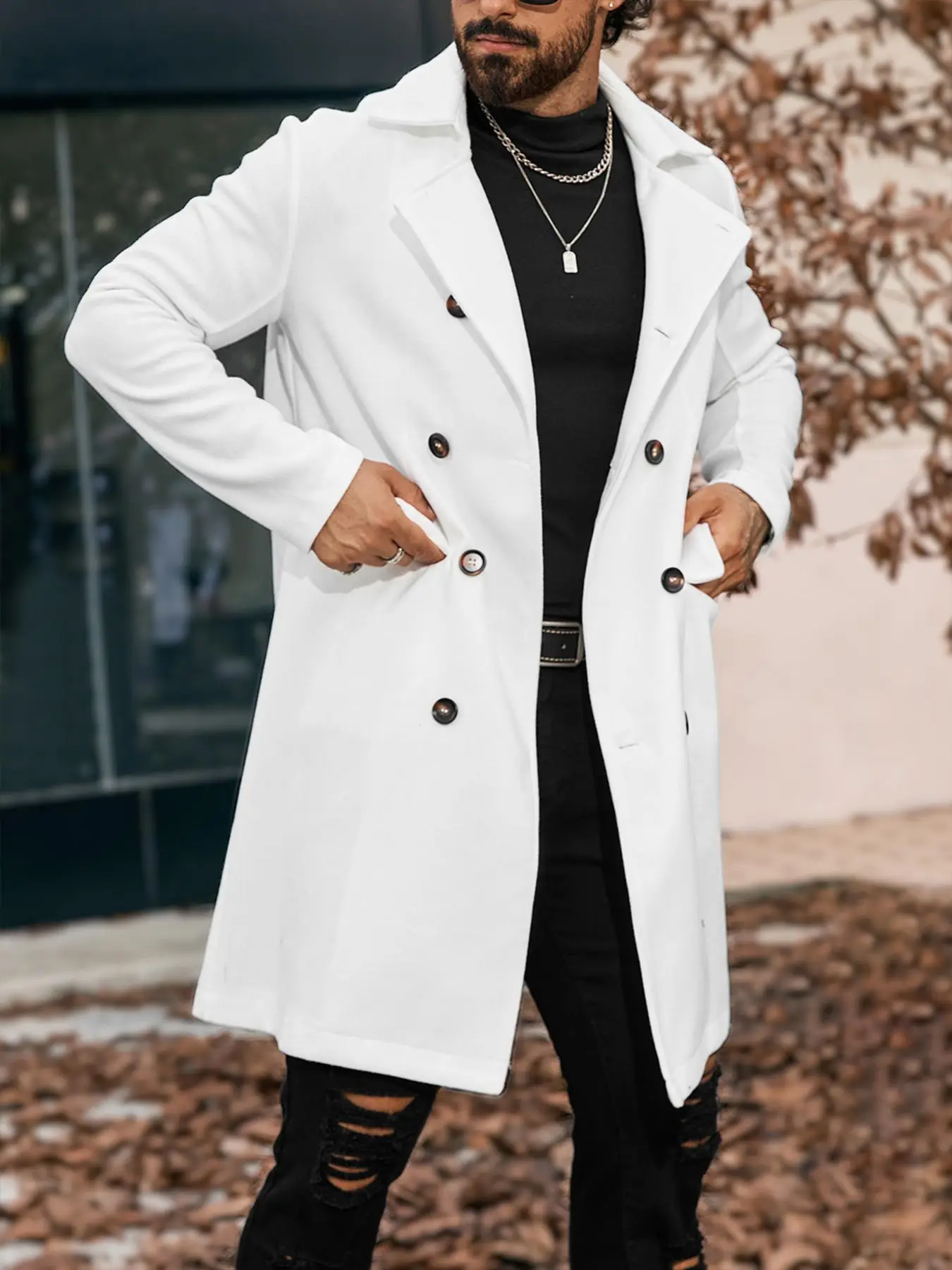 Men's Solid Button Front Lapel Neck Coat, Regular Fit Casual Style Long Sleeve Pocket Outerwear for Fall & Winter, Men's Clothing, Men's Clothes for D