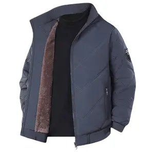 Men's Quilted Fleece Lined Jacket - Navy Blue, Stand Collar Design & Warm Winter Style