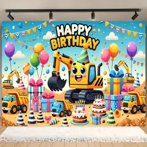 Engineering Theme Birthday Background Banner, 1 Count Excavator Pattern Birthday Party Decoration, Wall Decoration, Indoor & Outdoor Decoration, Ornaments