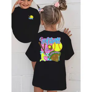 Youth Softball Graphic5-14Y T-Shirt - Black Tee Featuring Colorful 'Softball' Design with Bat, Glove, and 'I Play Softball' Banner in Pink and Blue | Cute Pink Leopard Print Accents | Perfect Casual Wear for Young Athletes