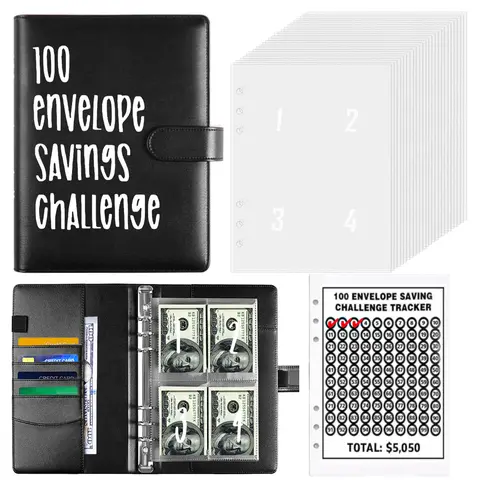 CLOUDSEA 100 Envelopes Money Saving Challenge Organizer Tracker - A5 Durable Waterproof PVC Cash Binder, Easy Fun Way to Save $5,050, Budget Planner for Home Supplies Piggy Bank Use