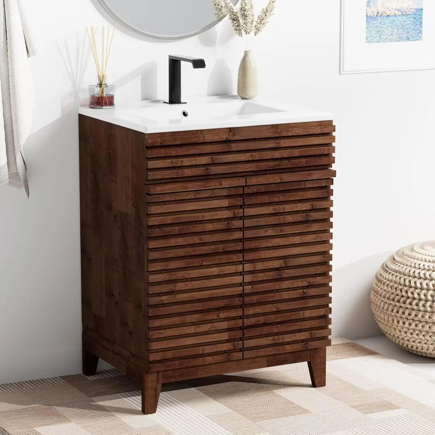 NEKODO 30" Nature Acacia Bathroom Vanity with 1 Hole Ceramic Sink Combo, Freestanding Vanity Cabinet with 2 Invisible Soft Closing Doors, Acacia Wood Grain