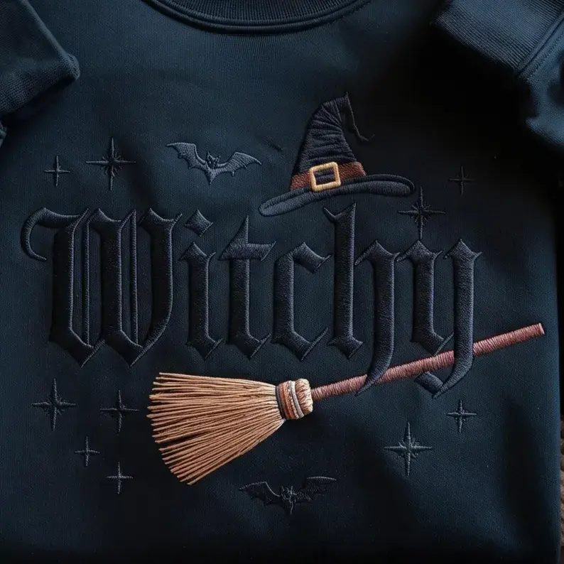 Filmyhub Embroidered Witchy Halloween Sweatshirt, Bat and Broomstick Witch Costume Hoodie
