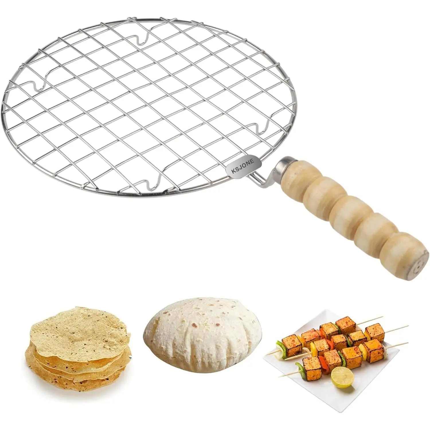 Stainless Steel Multi-Functional Kitchen Wire Rack with Wooden Handle - For Steaming, Cooling, Baking, Round Roasting, Papad Jali, Roti Grilling