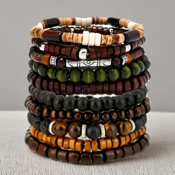 Unisex 10Pcs Wooden Beads Bracelet Stack - Elastic Line Costume Jewelry, Casual Wear Arm Candy Accessories, Ideal Gift for Friends, Yes Gift For Friends