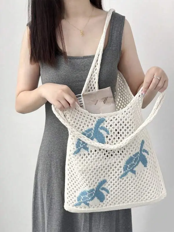 Summer New Style Lady Daily Use Lightweight Tote Bags Sea Turtle Pattern Hollowed Out Knitted Crochet Beach Shopping Bags,Summer Bag,Holiday,Vacation, Perfectly Matching With Crochet Set