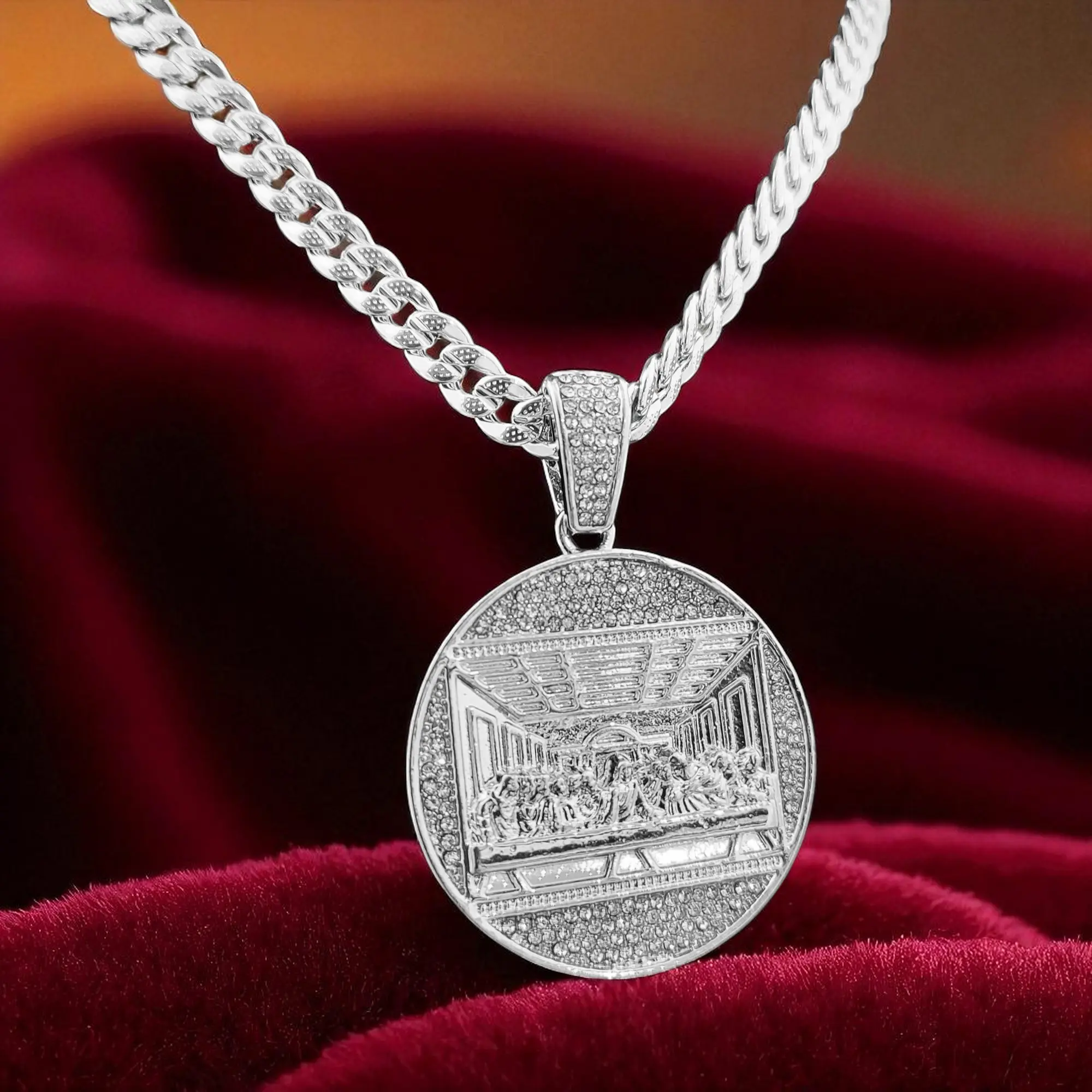 MaxBling81 Unisex 7mm Cuban Link Chain Necklace with Iced CZ Last Supper Pendant, 40mm Diameter, Silver-Finished Brass Metal (20-24in), Spiritual Jewelry, 925 Stamped, Daily Wear, Religious Pendant, 7Mm 20In