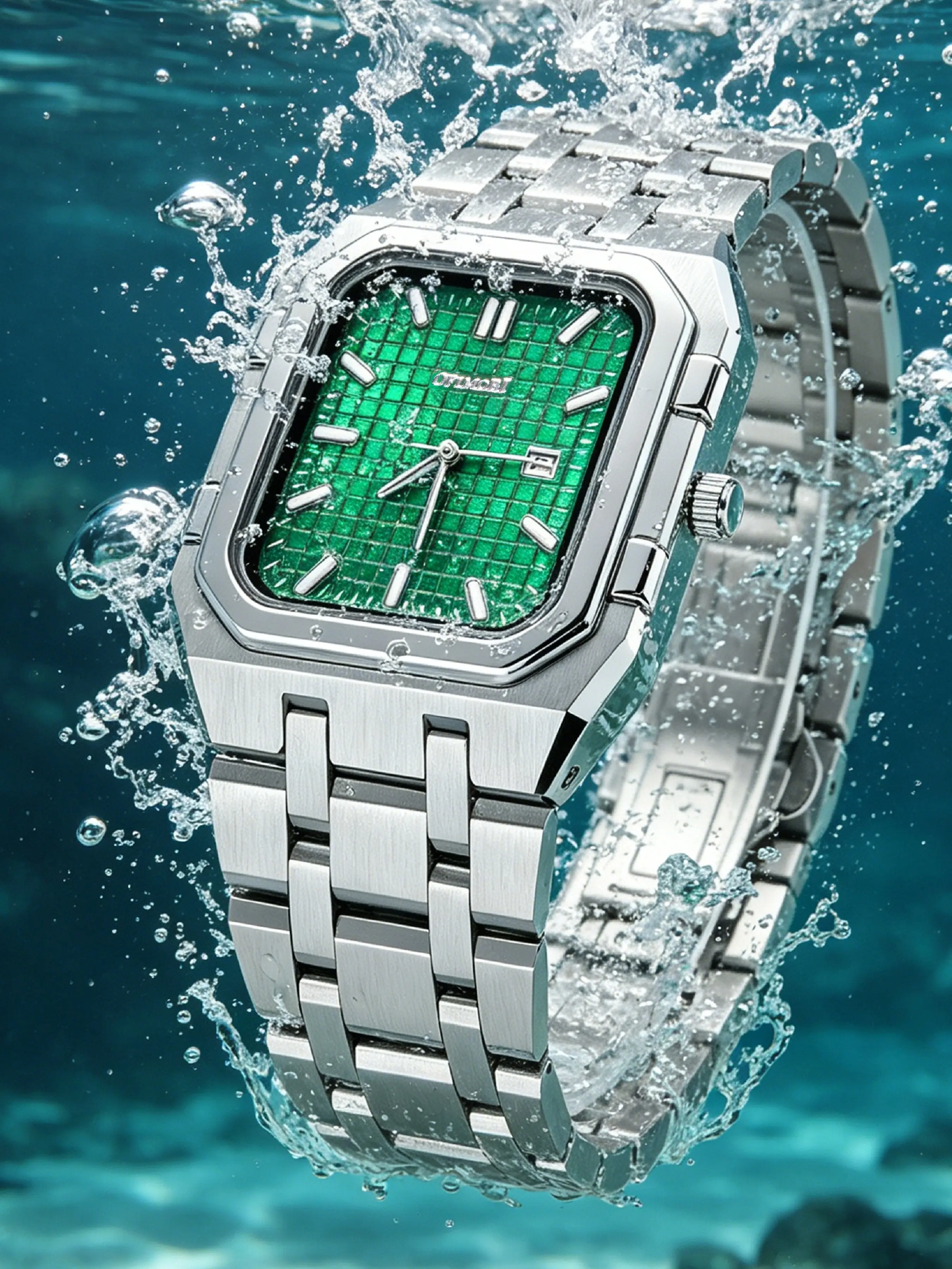 OFIMOBI Men Square Grid Dial Quartz Analog Wristwatch Luxury Stainless Steel Strap Business Casual Watch
