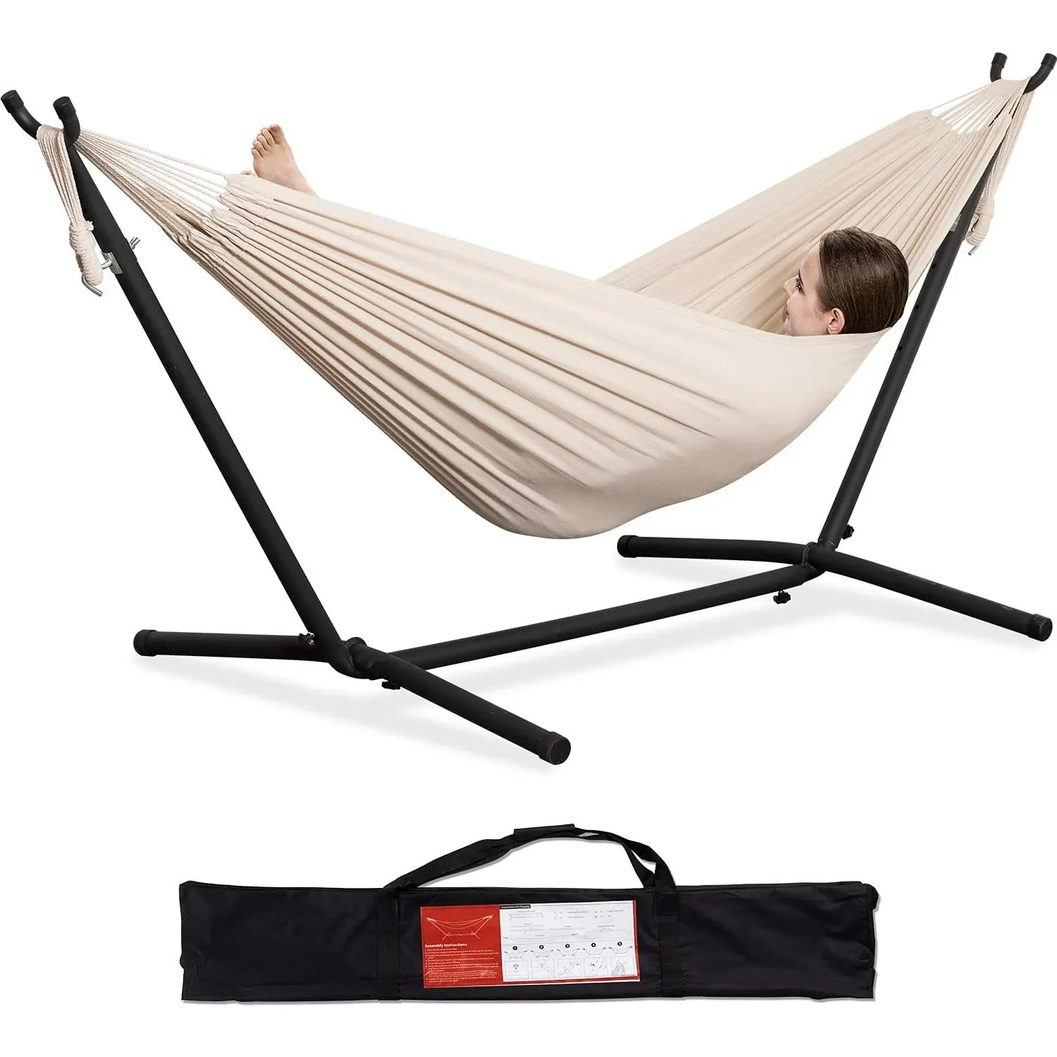 Double Hammock with Space Saving Steel Stand 2 Person Heavy Duty Garden Yard Outdoor 450lb Capacity Hammocks (Beige)