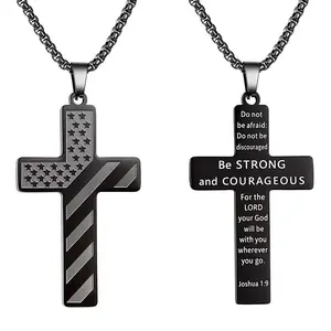 Men’s Stainless Steel Cross Necklace – Bible Verse & American Flag Pendant, Everyday Men’s Accessories, Men’s Valentine’s Gifts 2026 Faith Inspirational Faithful