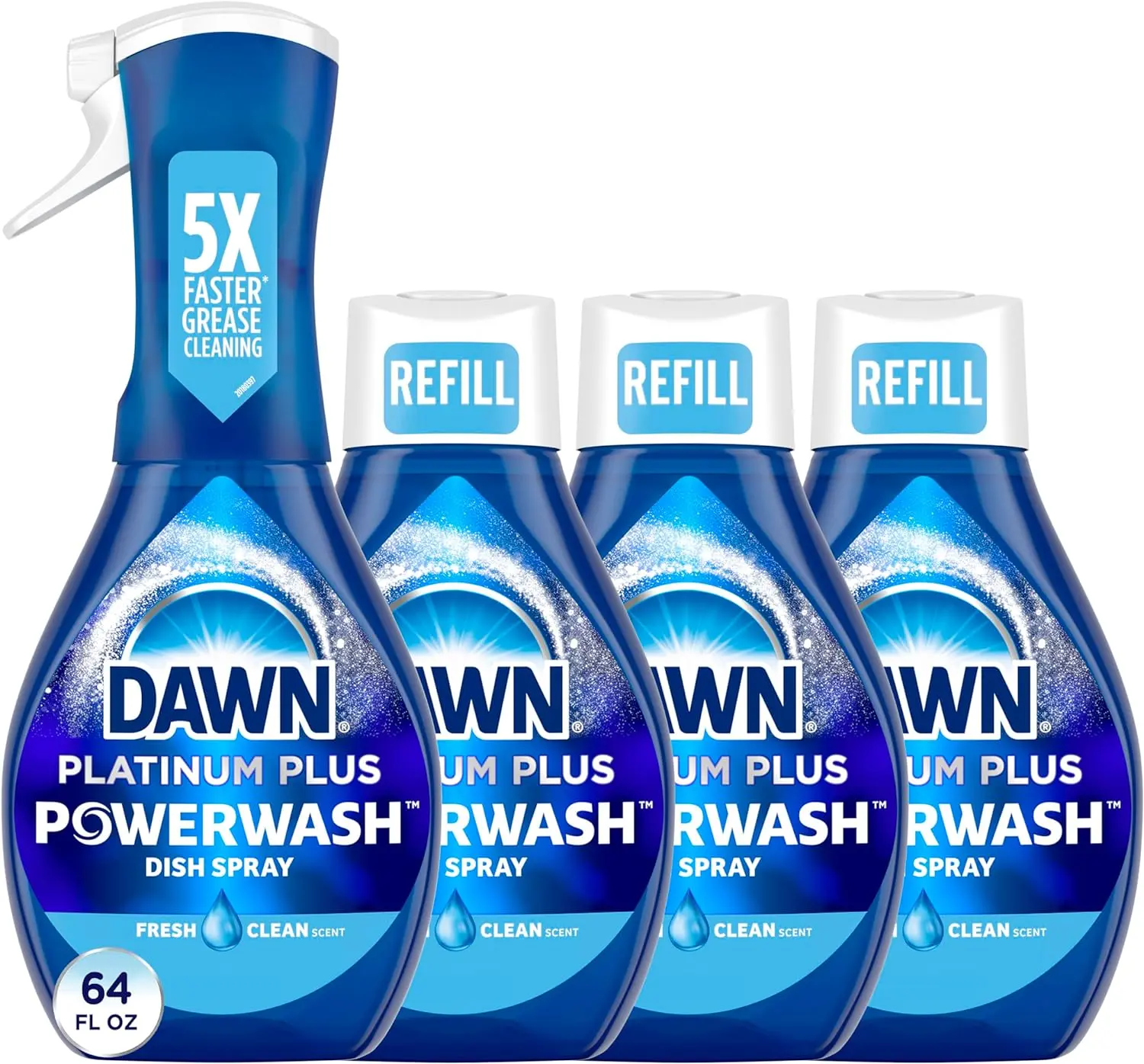 Platinum Dish Spray Power Wash 1 Spray + 3 Refills 16oz Each Non-Aerosol Kitchen Dish Soap Fresh Scent for Grease Cleaning 4/1/4 (With Refills)
