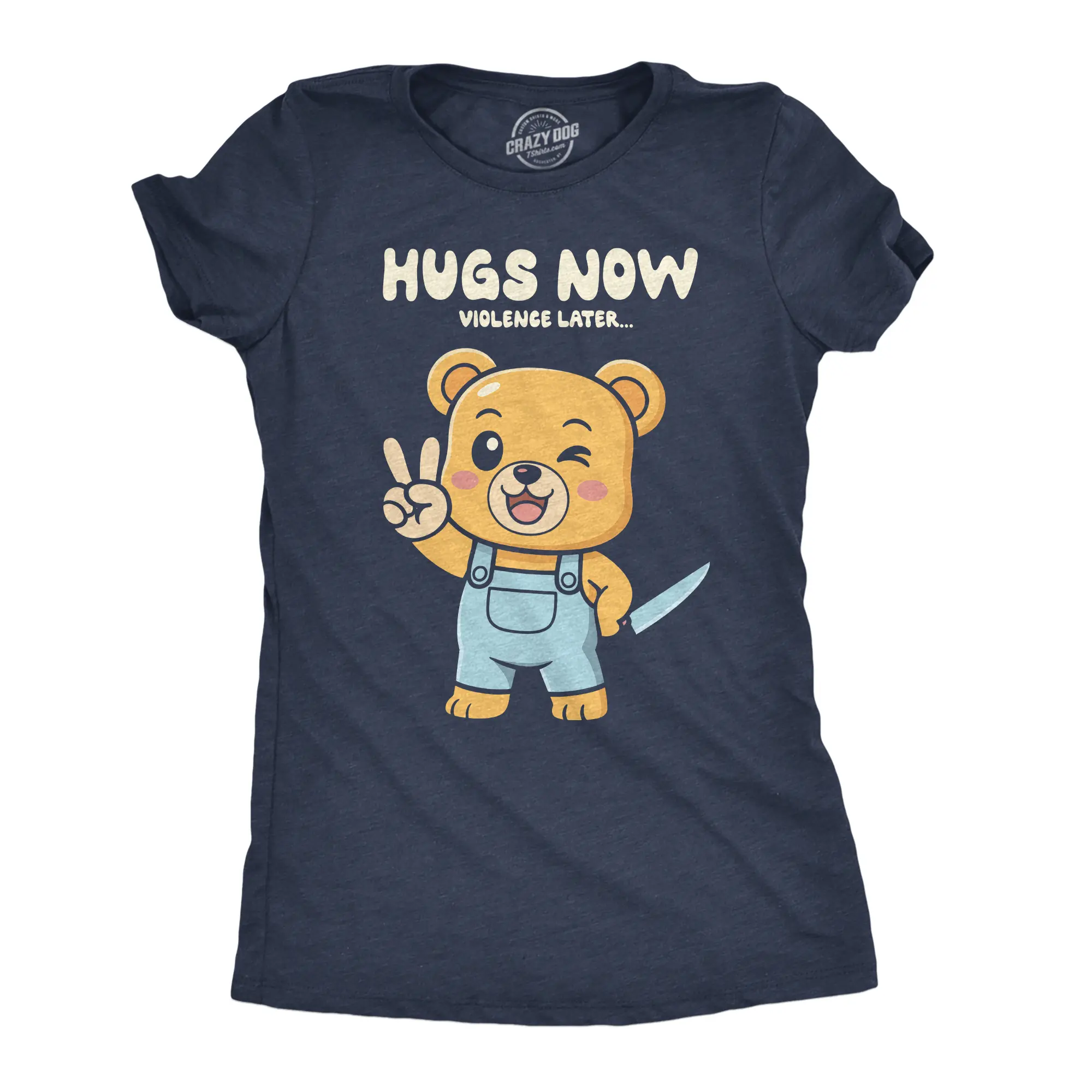 Womens Funny T Shirt Hugs Now Violence Later Sarcastic Cute Bear Graphic Novelty Tee for Ladies Funny Womens T Shirts Cute Vintage Fashion Casual Ladies T-Shirt Gift Funny Sarcastic Top Women's Novelty Tees Navy -