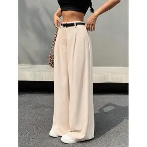 Women's beige pleated high waisted wide leg pants with waistband design | Ideal choice for casual and commuting