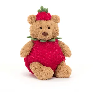 Jellycat Bartholomew Bear Strawberry Plush with Jellycat Bag – Cute Soft Teddy Bear in Strawberry Costume, Kawaii Fruit Stuffed Animal, Birthday Gift for Kids Girls, Plush Collector Gift