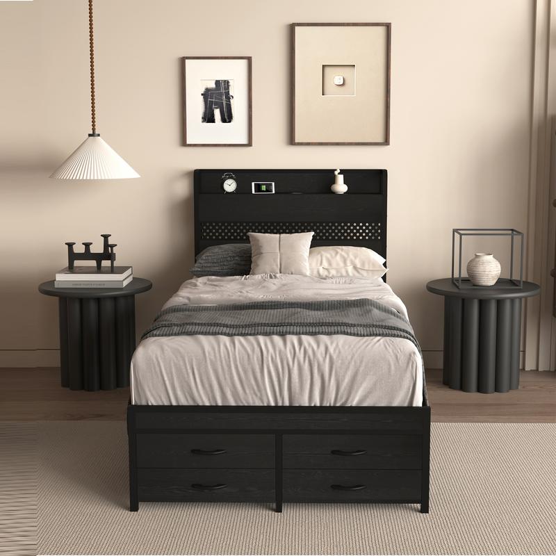 Twin Bed Frames with Headboard, Twin Size Bed Frames with Storage Drawers & Charging Headboard , 4 Drawers,Smart LED Bed Frame, Single Bed Frame, No Box Spring Needed,Noise-Free,Dorm essentials,bedroom accessories Twin Bed Frames with Headboard, Twin Size Bed Frames with Storage Drawers & Charging Headboard , 4 Drawers,Smart LED Bed Frame, Single Bed Frame, No Box Spring Needed,Noise-Free,Dorm essentials,bedroom accessories