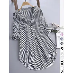 Women's striped button front shirt collar long sleeved top, casual and fashionable women's shirt, fashionable women's clothingRAIMENTRY
