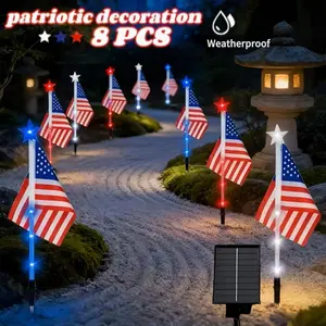 8-Pack 4th of July Solar American Flag Stake Lights, Patriotic Solar Garden Lights with 8 Lighting Modes, Red White and Blue Waterproof Pathway Lights for USA 250th Independence Day & Memorial Day Decor