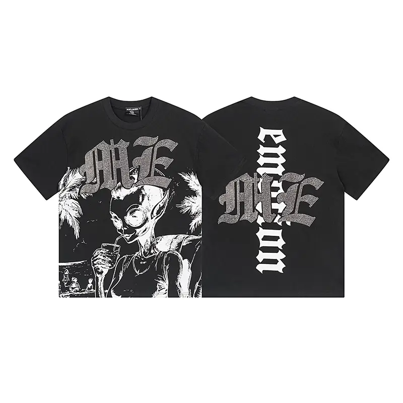 MIXED EMOTION Rhinestone Alien Beach Graphic Tee 240g Heavyweight Apricot White Black Y2K Streetwear Mens Standard Fit