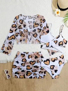 4pcs Tween Girl Heart Printed Bikini Set, Long Sleeve Bathing Suit Beach Outfit Summer Vacation Summer Beach