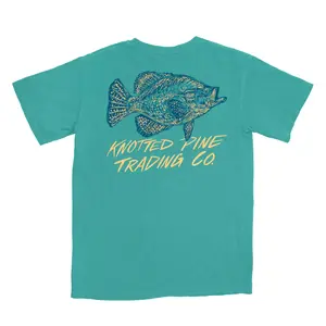 Knotted Pine Trading Co. Crappie Seafoam Graphic Tee Menswear Soft Crewneck 100% Ring-Spun Cotton Garment-Dyed Vintage Look Hand-Drawn Back Graphic Tshirt