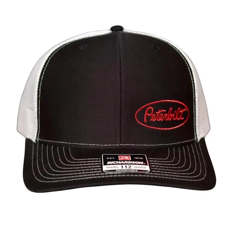 Richardson 112 Peterbilt Trucker Hat, Black White Embroidered Snapback Cap for Men, Retro Mesh Trucking Hat, Lightweight Breathable Workwear Style 2026