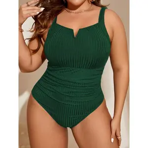 Plus Size Women's V-Neck One-Piece Swimsuit - High Elasticity Quick-Dry Fabric, Deep Teal Solid Color with V-Notch Detail, Machine Washable Resort Vacation Beachwear, High Waisted Swimsuit, Notched Neckline, Stretchy Material