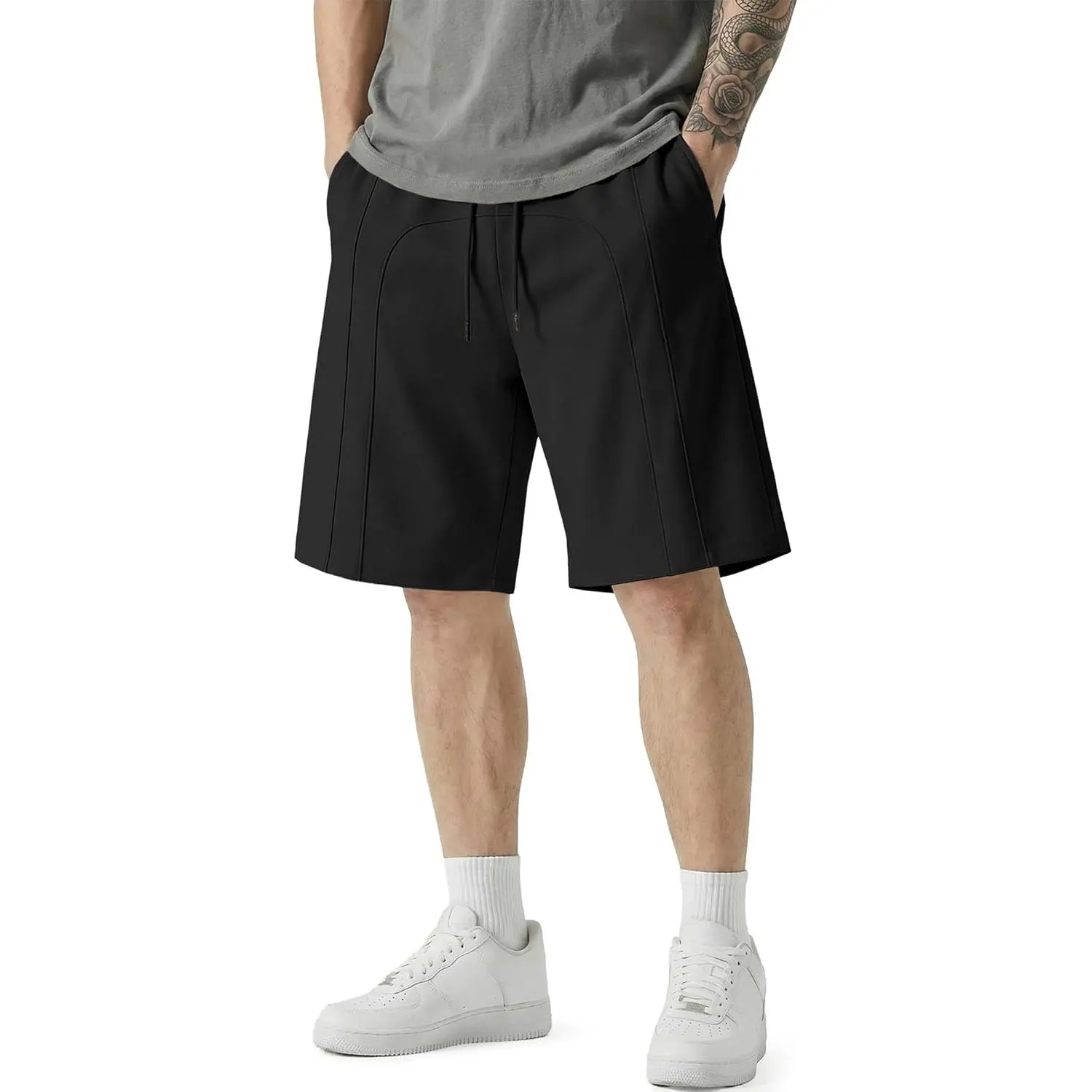 JMIERR Male 10-Inch Baggy Cotton Blend Fabric Sweat Shorts, Adjustable Waistband Drawstring, Under-Knee Lightweight with Back Pockets for Casual Lounge Gym Workouts, Active