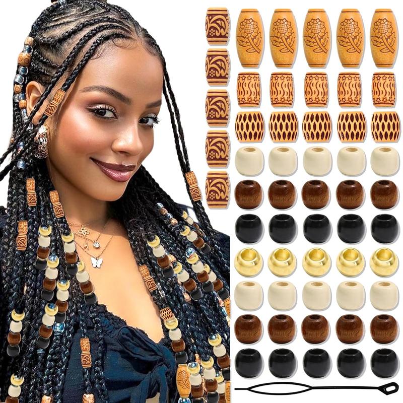 60Pcs Wooden Hair Braid Beads Multi Shape Gold Hair Jewelry for Braids Loc Dreadlock Accessories Hair Tube Decoration Hair Cuffs DIY Braid Clips for n and Men