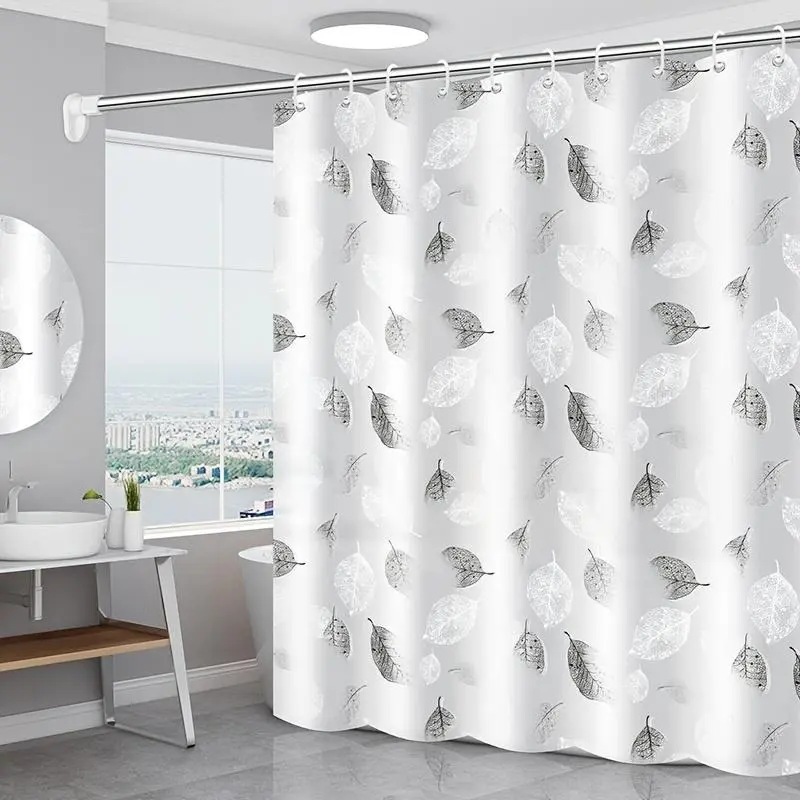 Leaf Pattern Shower Curtain, Waterproof Shower Curtain Liner with Metal Grommets, Durable Bathroom Curtain with Plastic Hooks, Bathroom Decor Supplies, Curtain Rod, Bathroom Decoration Accessories, Removable Shower Curtain, Home Goods
