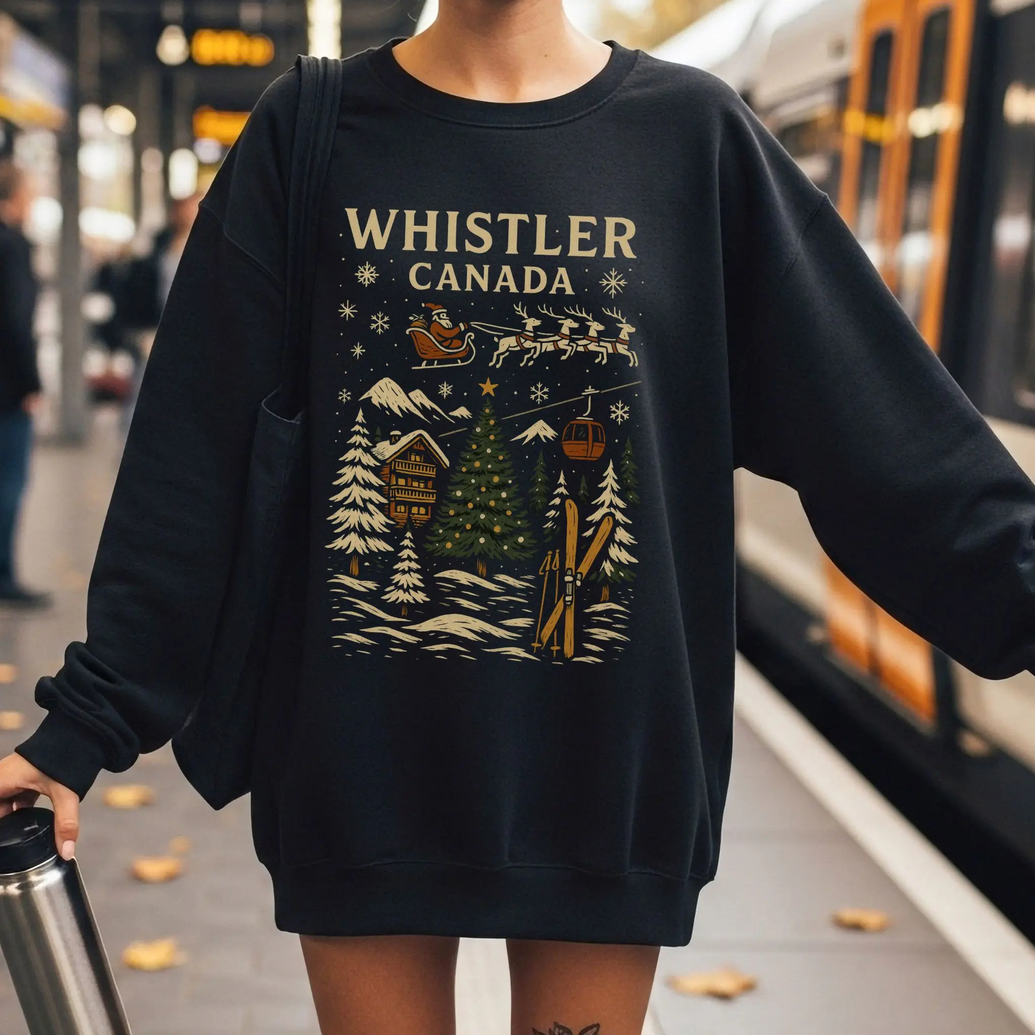 Whistler Canada Ski Lodge Scene Sweatshirt | Vintage Winter Mountain Design