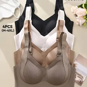 4PCS Seamless Push-Up Jelly Bra | Plus Size Wire-Free Ribbed Everyday T-Shirt Bralette | High Stretch, Ultimate Lift & Soft Sleep Comfort (M-4XL)