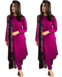 Elegant Kurti Pant with Dupatta 3PCS Suit Set Ready to Wear Casual Purple Color Women's Fashion Ensemble