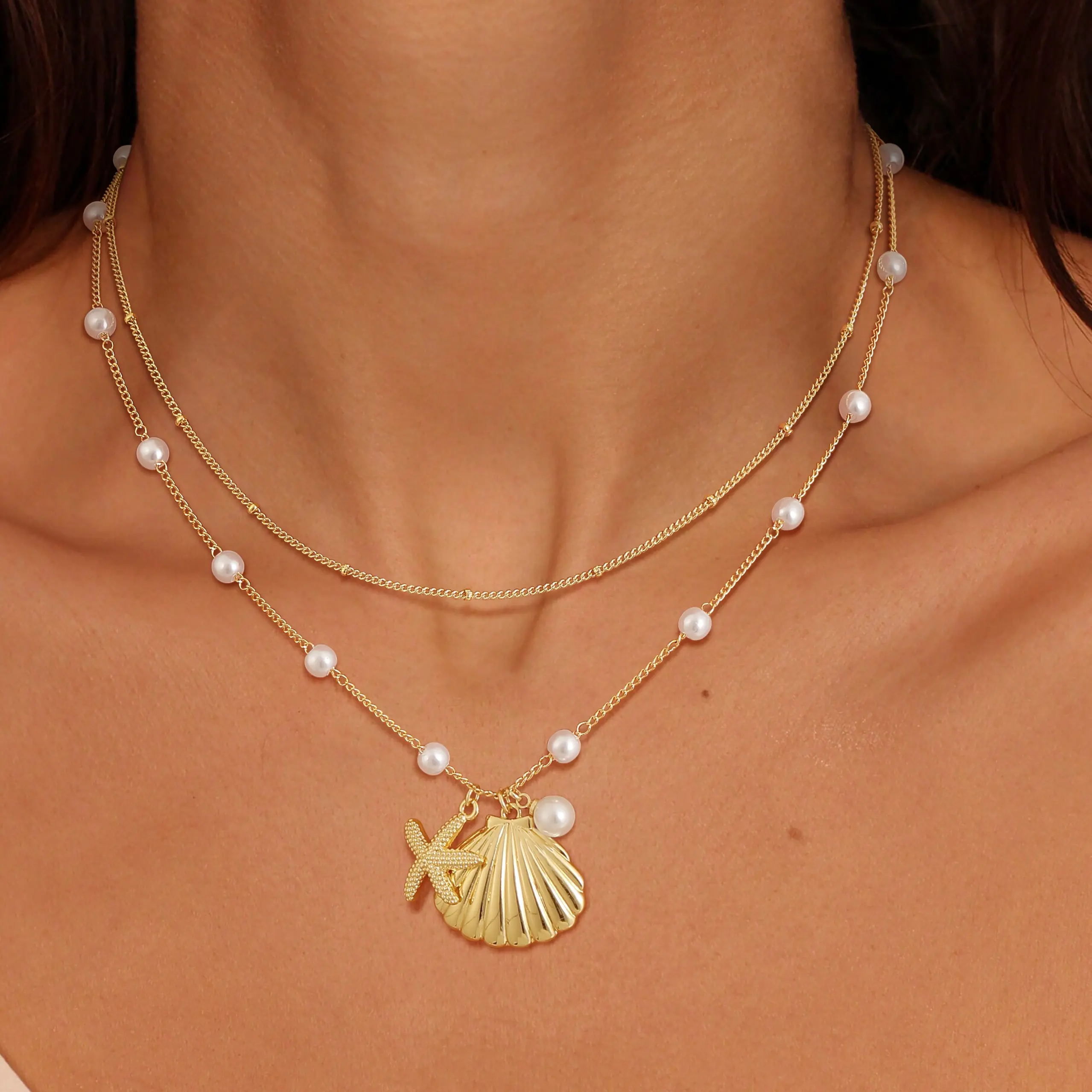 TEWIKY 14K Gold Layered Necklace for Women - Waterproof Satellite Pearl Chain with Starfish & Shell Pendant - Dainty Beachy Summer Jewelry