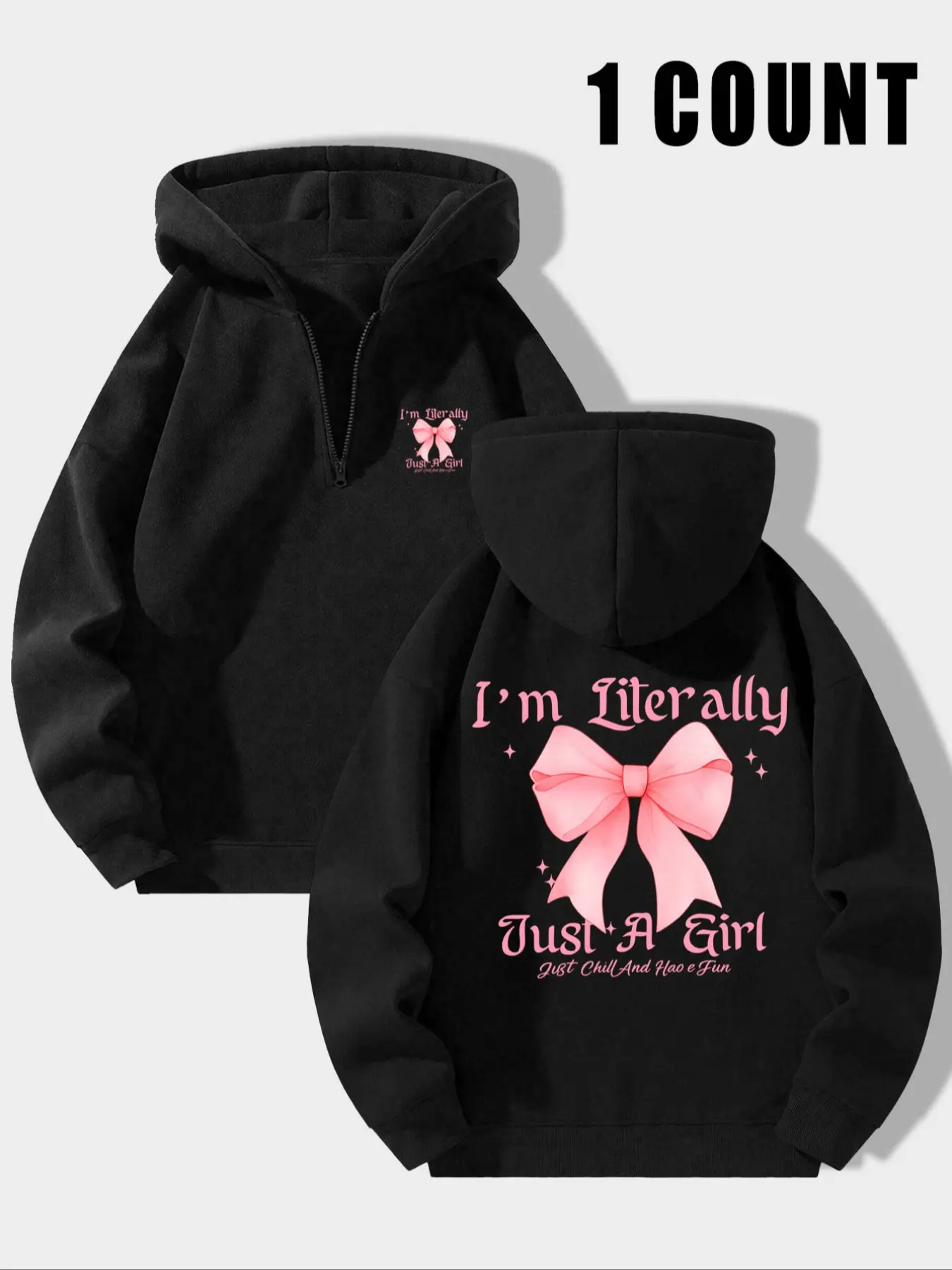 Women's Black Half-Zip Hoodie Sweatshirts | "I'm Literally Just A Girl" Pink Bow Graphic, Y2K Girly Aesthetic Apparel | TikTok Trending Cute Casual Pullover for Feminine Style & Chill Vibe Enthusiasts