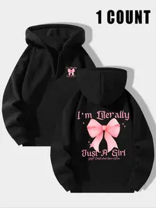 Women's Black Half-Zip Hoodie | "I'm Literally Just A Girl" Pink Bow Graphic, Y2K Girly Aesthetic Apparel | TikTok Trending Cute Casual Pullover for Feminine Style & Chill Vibe Enthusiasts