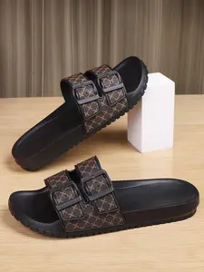 Men's Fashionable Geometric Pattern Slides, Casual Comfortable Double Band Soft Slippers for Beach, Breathable Slippers for Indoor & Outdoor Wear