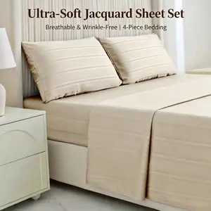 【Summer Wins】CANSUNCH Premium 4-Piece Satin Jacquard Bedding Set - Flat Bed Sheet, 16-in Extra Deep Pocket Fitted Sheet, 2 Pillowcases - Twin, Queen, King Sizes, Bedding Sets, Satin Bed Sheets