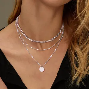 CHESKY 3pcs Tone Stainless Steel Rope Chain Necklace Round Pendant Layering Pendant Minimalist Chain Fashion Trendy Simple